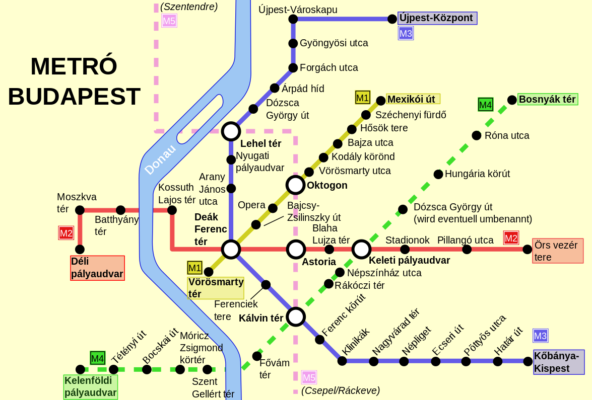 Kort over Budapests metrolinjer
